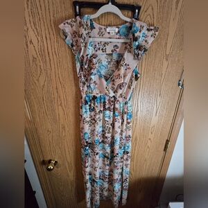 Monteau Floral Dress with Blue and Pink Hues